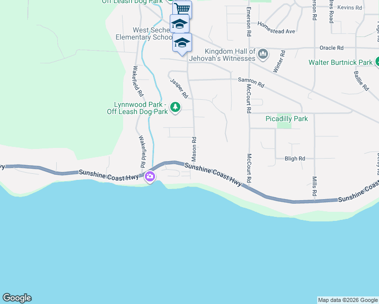 map of restaurants, bars, coffee shops, grocery stores, and more near 5451 Mason Road in Sechelt