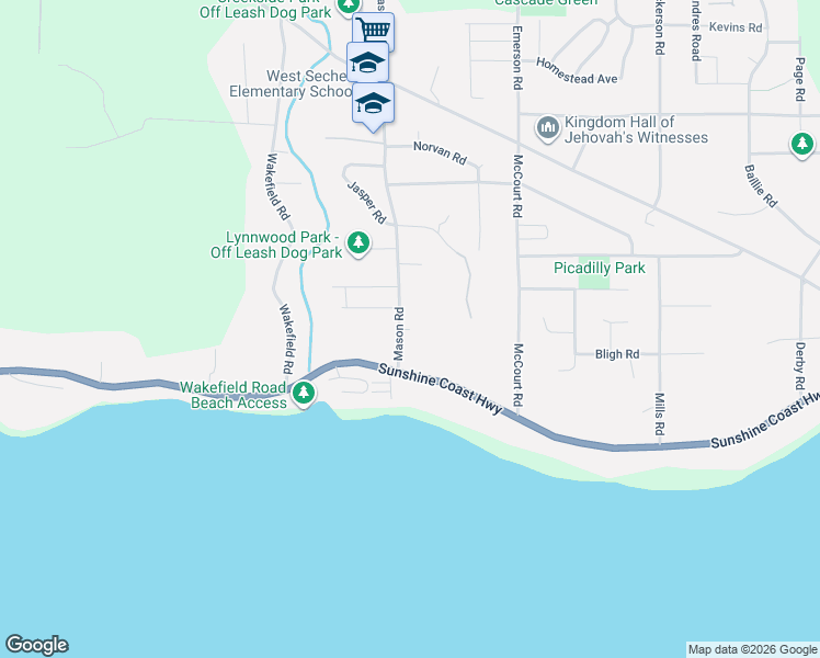 map of restaurants, bars, coffee shops, grocery stores, and more near Lilac Street in Sechelt
