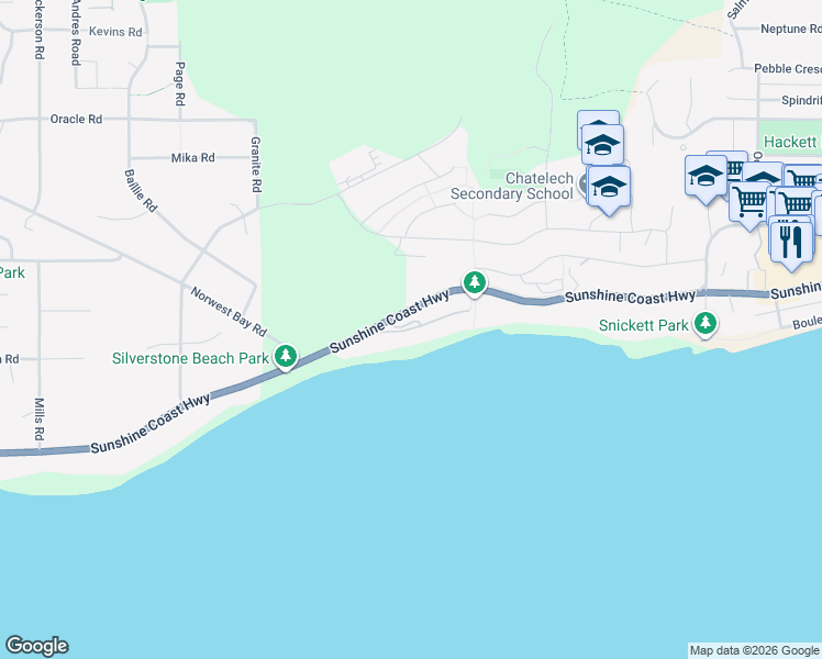 map of restaurants, bars, coffee shops, grocery stores, and more near Silverstone Lane in Sechelt