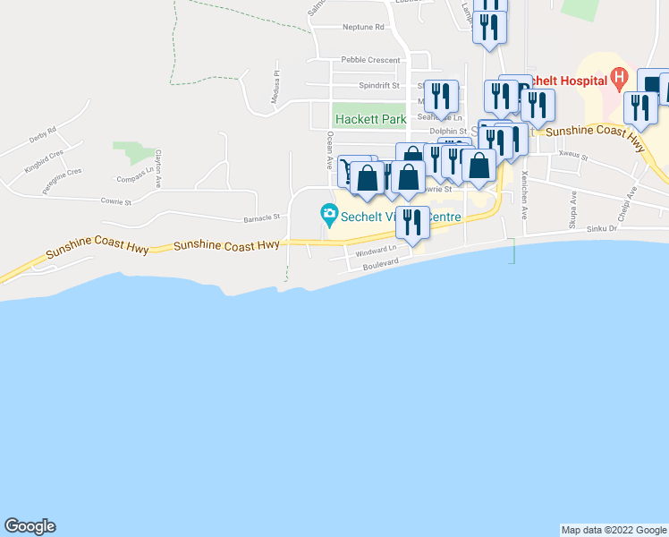 map of restaurants, bars, coffee shops, grocery stores, and more near 5791 Windward Lane in Sechelt