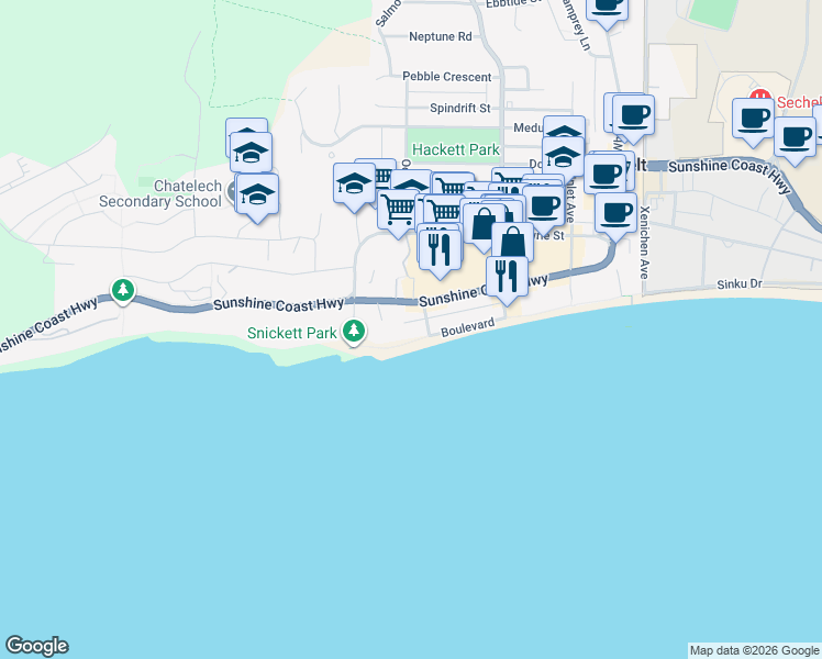 map of restaurants, bars, coffee shops, grocery stores, and more near 578 Ocean Avenue in Sechelt