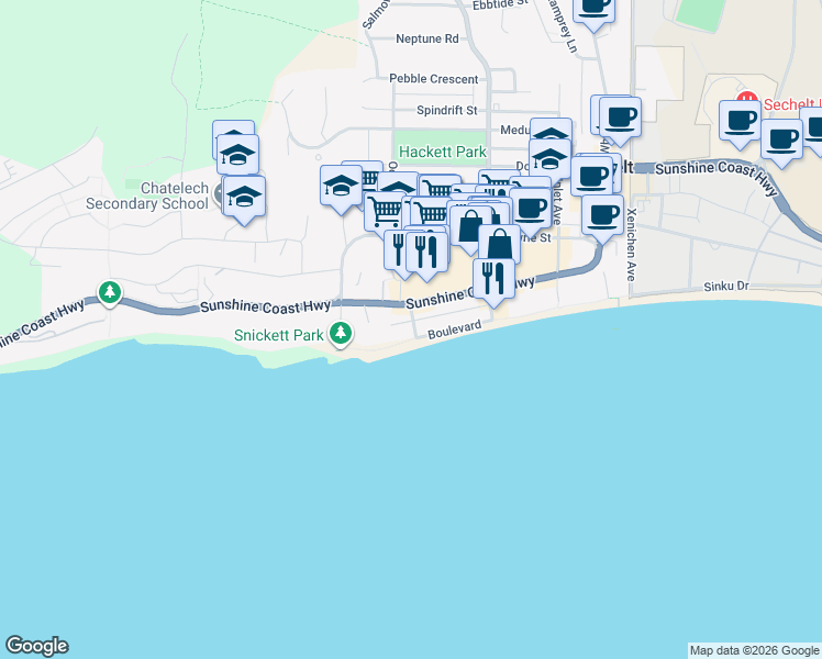 map of restaurants, bars, coffee shops, grocery stores, and more near 578 Ocean Avenue in Sechelt