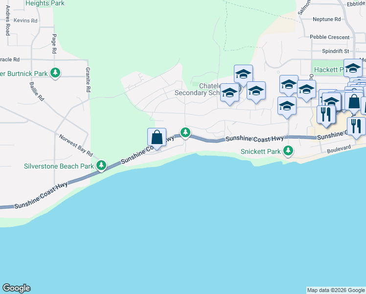 map of restaurants, bars, coffee shops, grocery stores, and more near 6001 Silverstone Lane in Sechelt