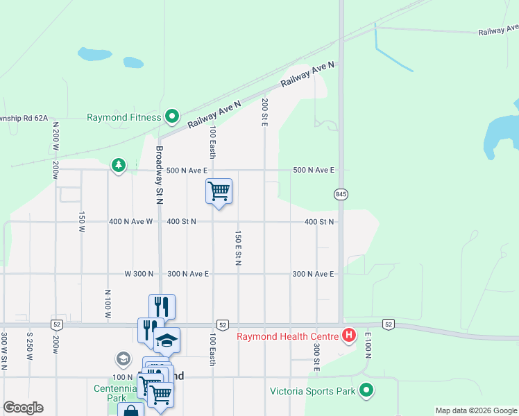 map of restaurants, bars, coffee shops, grocery stores, and more near 426 North 200 East in Raymond