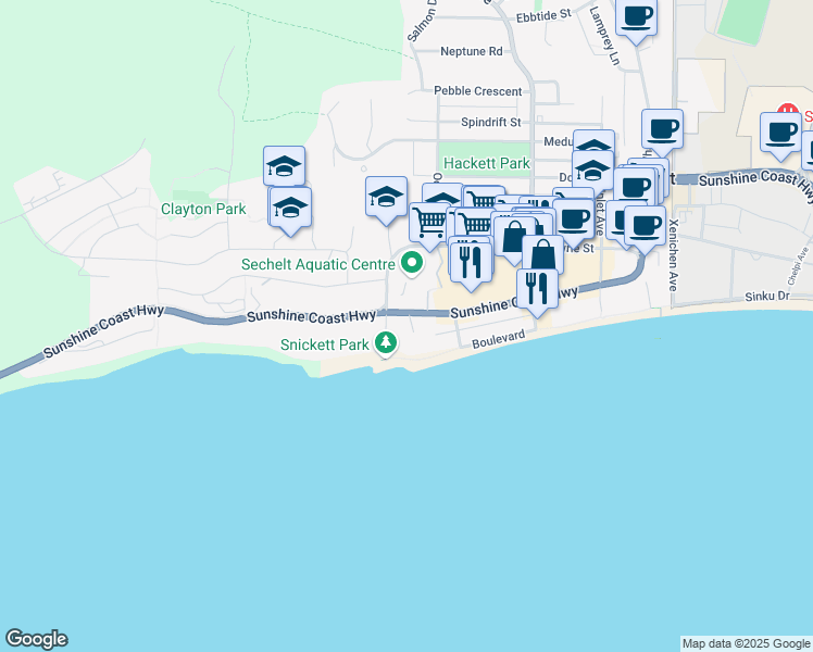 map of restaurants, bars, coffee shops, grocery stores, and more near 5457 Burley Place in Sechelt