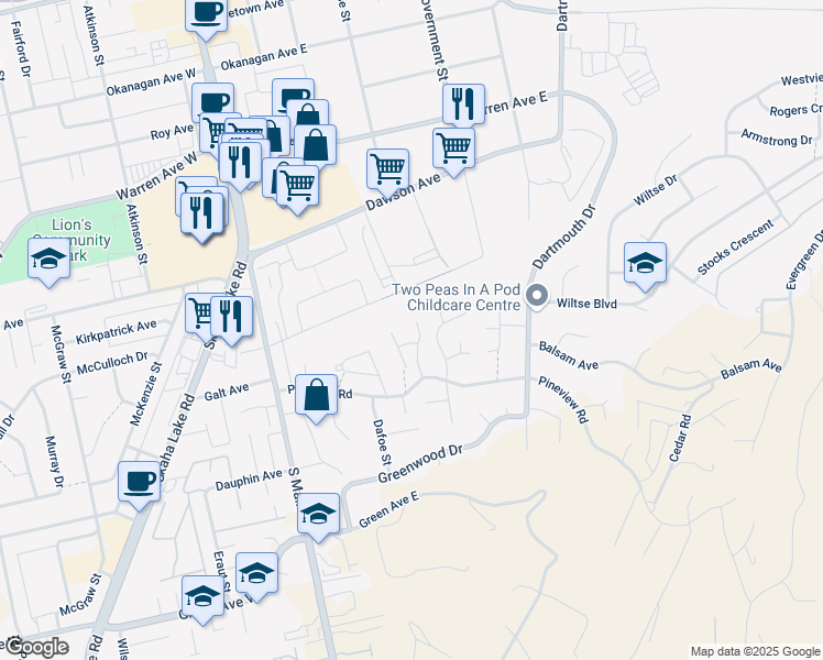 map of restaurants, bars, coffee shops, grocery stores, and more near 122 Gardner Court in Penticton
