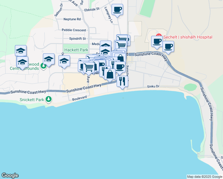 map of restaurants, bars, coffee shops, grocery stores, and more near 5470 Inlet Avenue in Sechelt