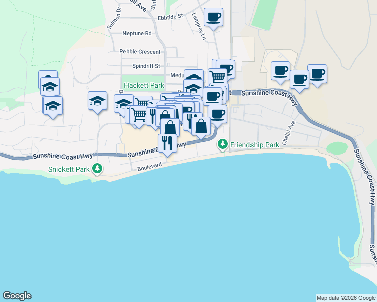 map of restaurants, bars, coffee shops, grocery stores, and more near 5710 Teredo Street in Sechelt