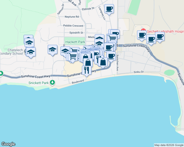 map of restaurants, bars, coffee shops, grocery stores, and more near 5725 Teredo Street in Sechelt