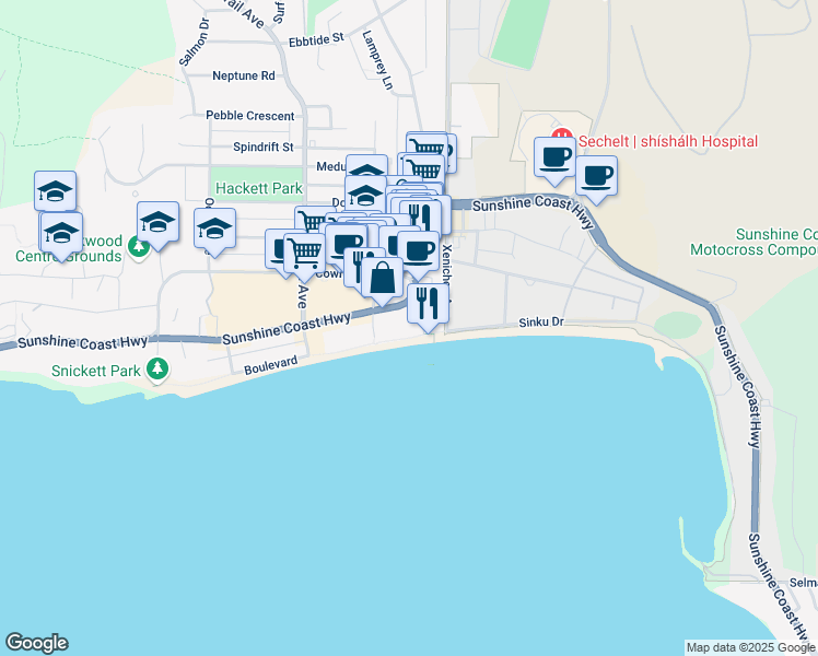 map of restaurants, bars, coffee shops, grocery stores, and more near 5477 Wharf Avenue in Sechelt