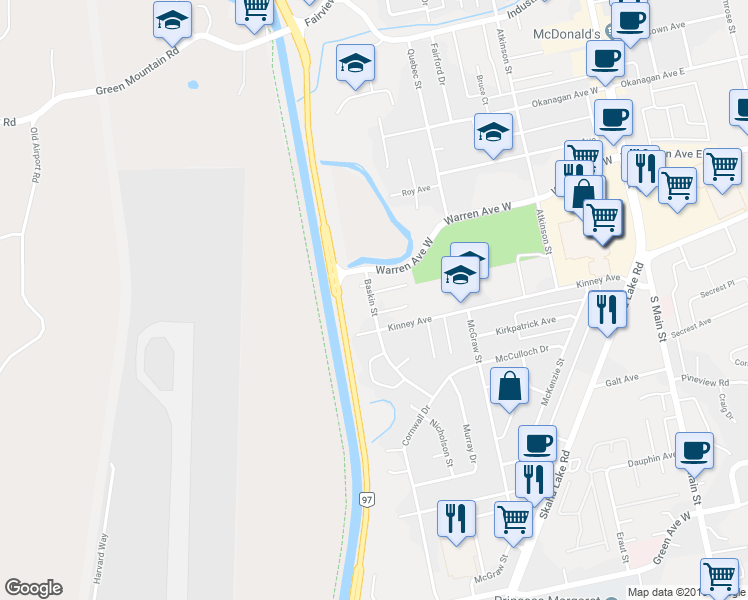 map of restaurants, bars, coffee shops, grocery stores, and more near 41 Baskin Street in Penticton
