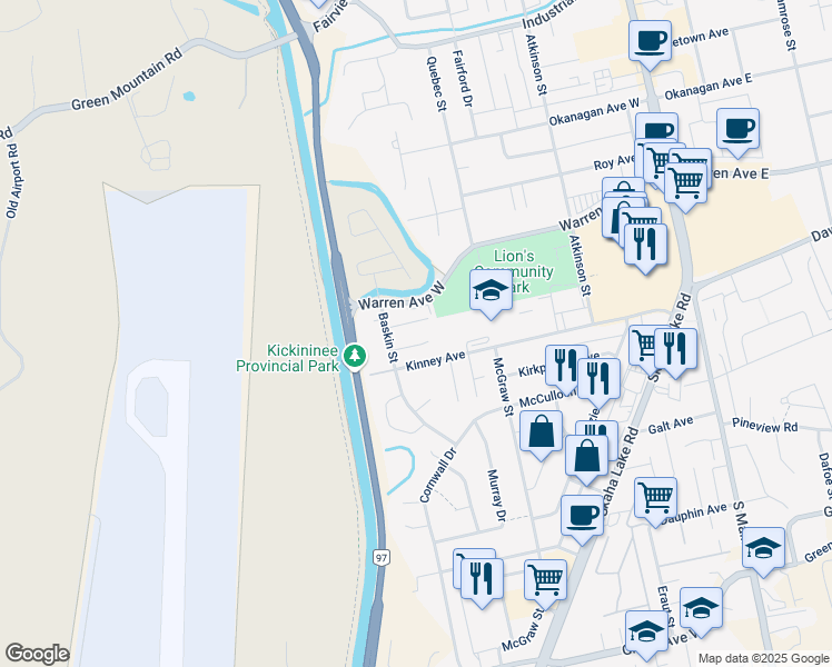 map of restaurants, bars, coffee shops, grocery stores, and more near 41 Baskin Street in Penticton