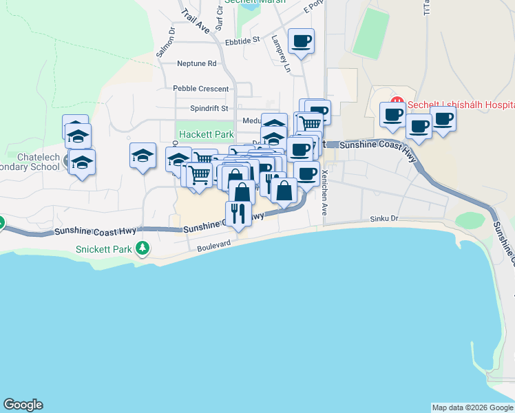 map of restaurants, bars, coffee shops, grocery stores, and more near 5710 Teredo Street in Sechelt