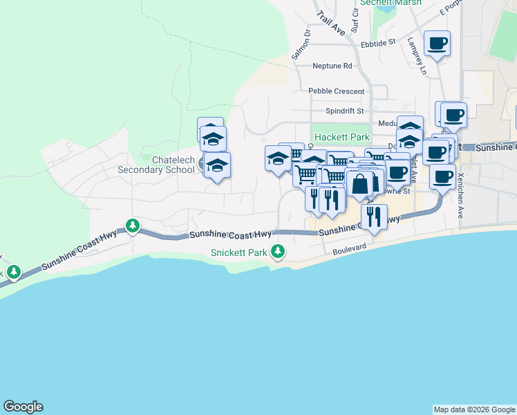 map of restaurants, bars, coffee shops, grocery stores, and more near 5850 Barnacle Street in Sechelt