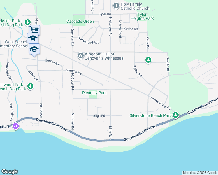 map of restaurants, bars, coffee shops, grocery stores, and more near 6287 Jasper Road in Sechelt