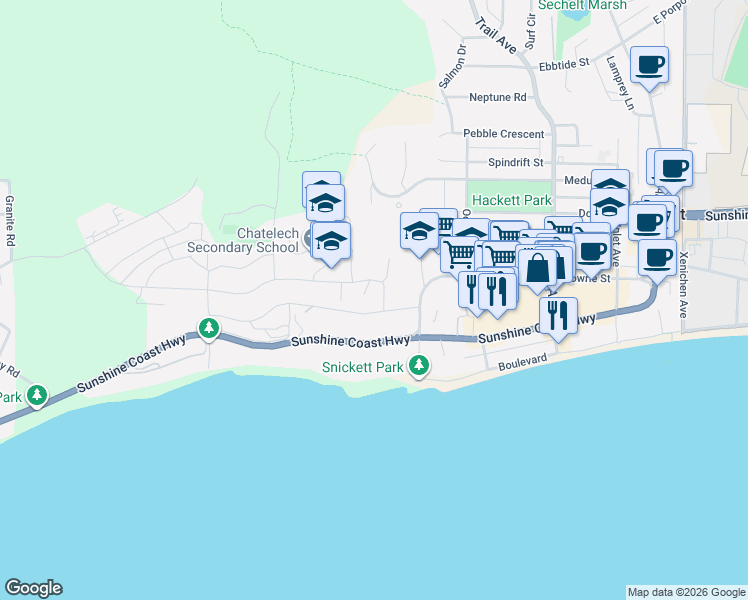 map of restaurants, bars, coffee shops, grocery stores, and more near 5855 Cowrie Street in Sechelt