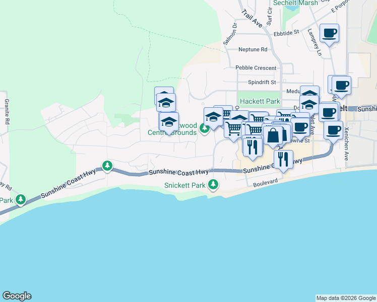 map of restaurants, bars, coffee shops, grocery stores, and more near 5855 Cowrie Street in Sechelt