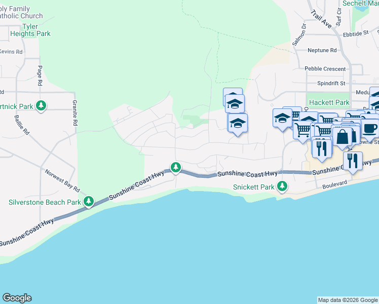 map of restaurants, bars, coffee shops, grocery stores, and more near Cowrie Street in Sechelt