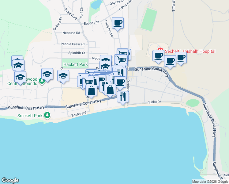 map of restaurants, bars, coffee shops, grocery stores, and more near 5655 Teredo Street in Sechelt
