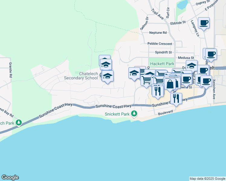 map of restaurants, bars, coffee shops, grocery stores, and more near 5883 Cowrie Street in Sechelt
