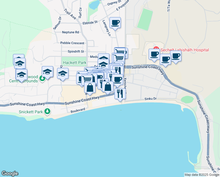 map of restaurants, bars, coffee shops, grocery stores, and more near 5655 Teredo Street in Sechelt