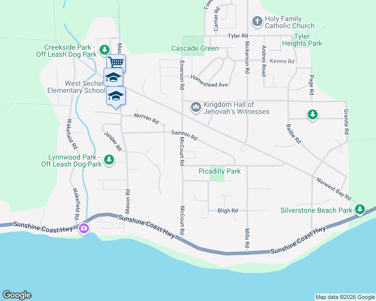 map of restaurants, bars, coffee shops, grocery stores, and more near 5524 McCourt Road in Sechelt