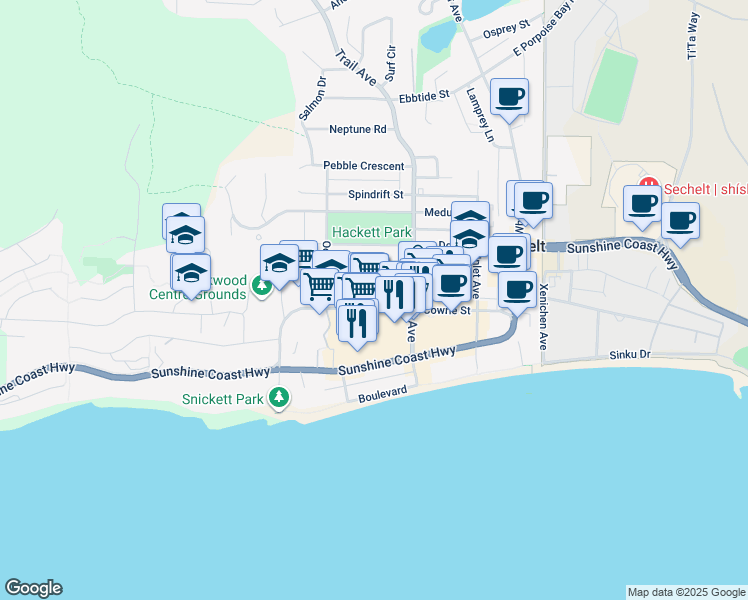 map of restaurants, bars, coffee shops, grocery stores, and more near 5754 Cowrie Street in Sechelt