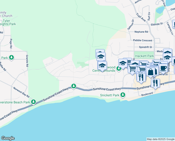 map of restaurants, bars, coffee shops, grocery stores, and more near 5951 Compass Lane in Sechelt