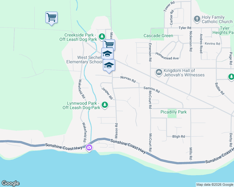 map of restaurants, bars, coffee shops, grocery stores, and more near 5532 Mason Road in Sechelt