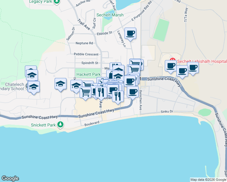 map of restaurants, bars, coffee shops, grocery stores, and more near 5691 Mermaid Street in Sechelt
