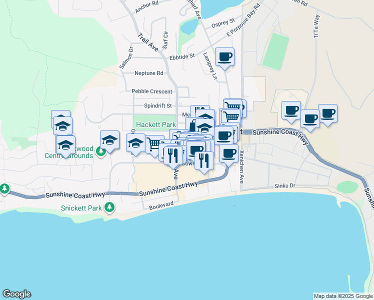map of restaurants, bars, coffee shops, grocery stores, and more near 5711 Mermaid Street in Sechelt