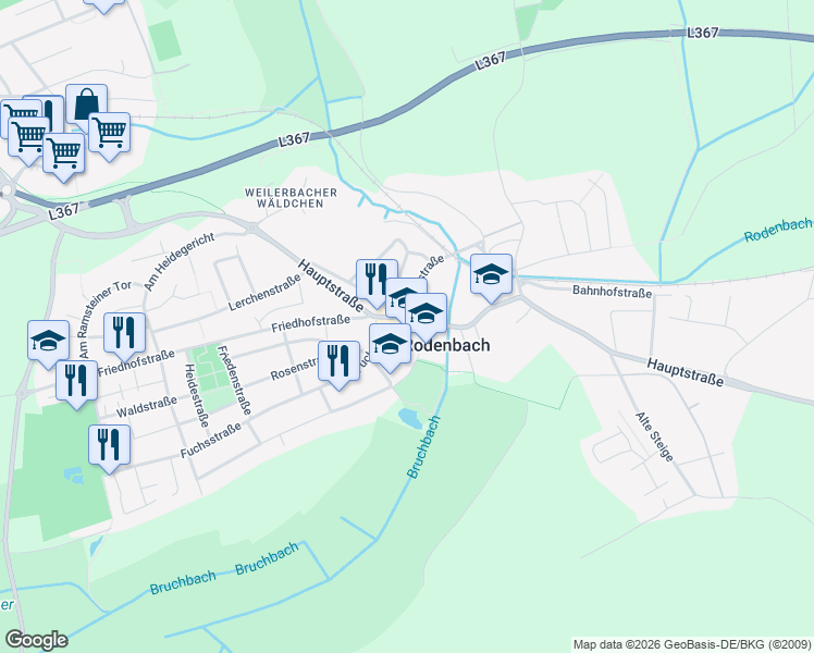 map of restaurants, bars, coffee shops, grocery stores, and more near 1 Fuchsstraße in Rodenbach