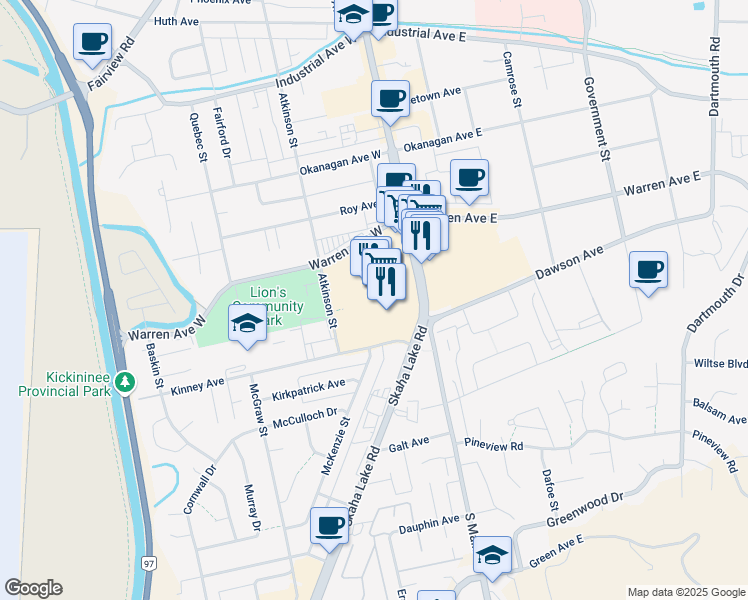 map of restaurants, bars, coffee shops, grocery stores, and more near 2111 Main Street in Penticton