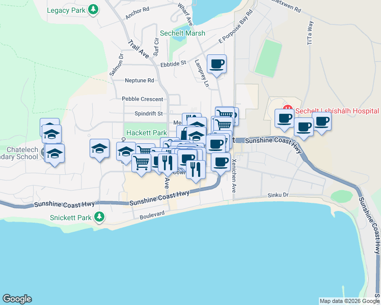 map of restaurants, bars, coffee shops, grocery stores, and more near 5690 Mermaid Street in Sechelt