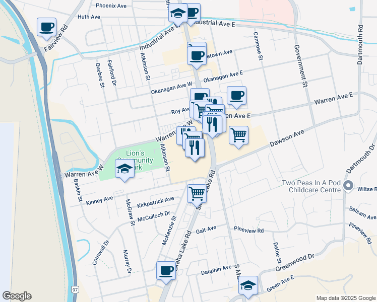 map of restaurants, bars, coffee shops, grocery stores, and more near 2111 Main Street in Penticton