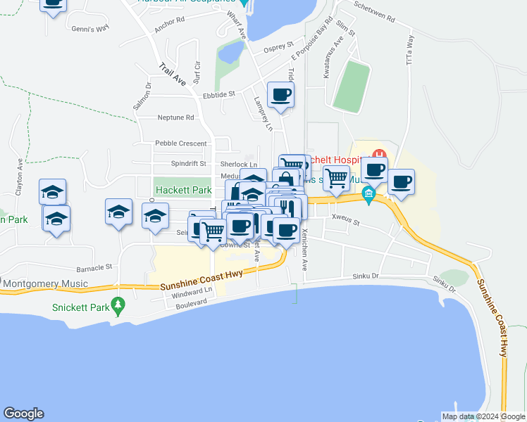 map of restaurants, bars, coffee shops, grocery stores, and more near 5550 Inlet Avenue in Sechelt