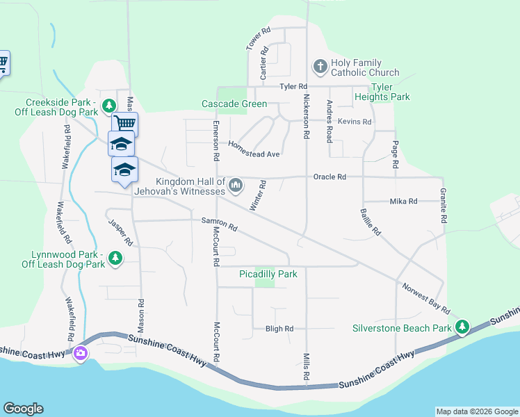 map of restaurants, bars, coffee shops, grocery stores, and more near 5576 Winter Road in Sechelt