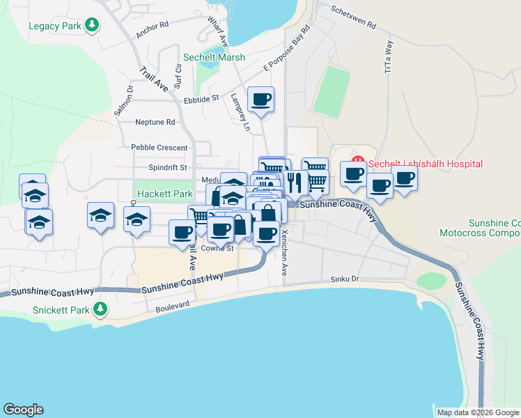 map of restaurants, bars, coffee shops, grocery stores, and more near 5559 Wharf Avenue in Sechelt