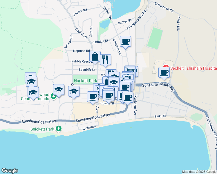 map of restaurants, bars, coffee shops, grocery stores, and more near 5693 Dolphin Street in Sechelt