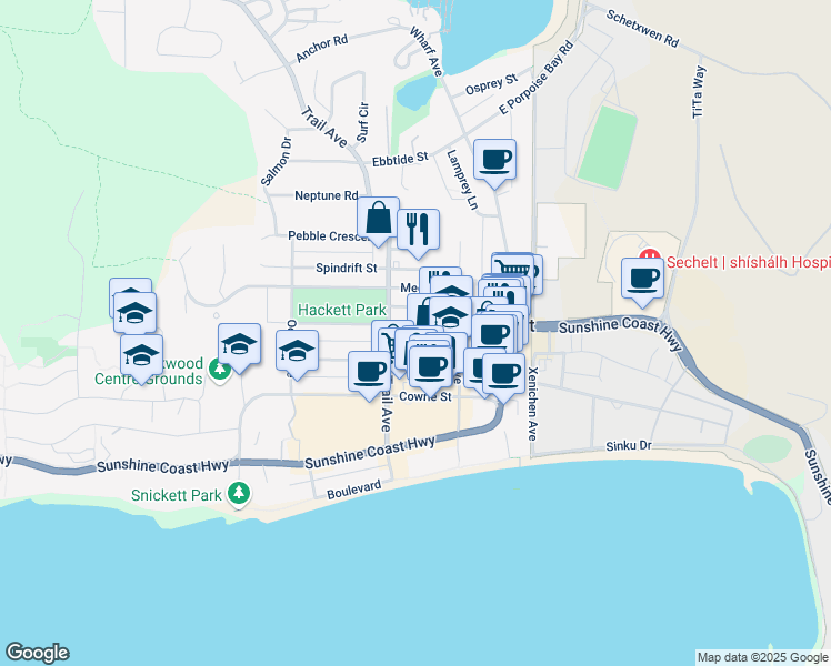 map of restaurants, bars, coffee shops, grocery stores, and more near 5703 Dolphin Street in Sechelt
