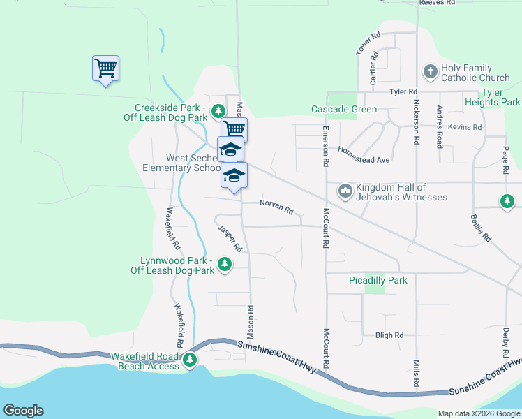 map of restaurants, bars, coffee shops, grocery stores, and more near 6488 Norvan Road in Sechelt