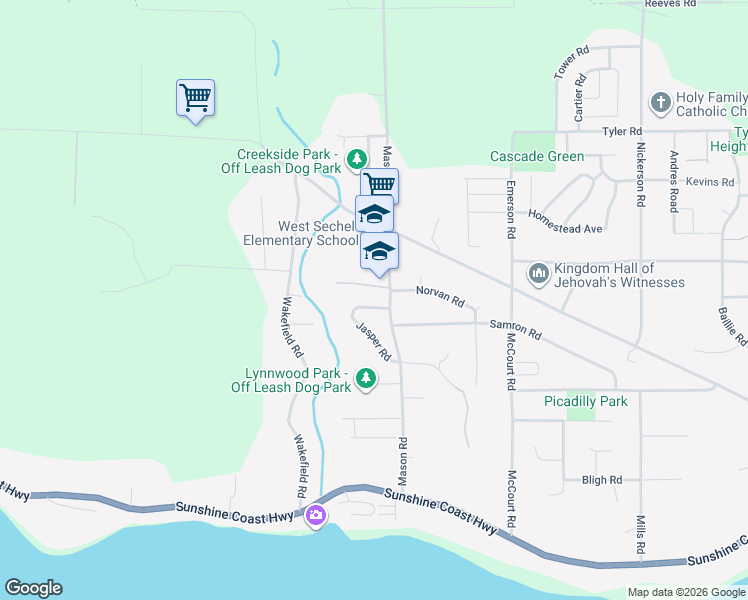 map of restaurants, bars, coffee shops, grocery stores, and more near 6559 Jasper Road in Sechelt