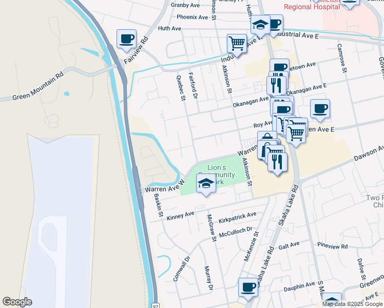 map of restaurants, bars, coffee shops, grocery stores, and more near 2041 Quebec Street in Penticton