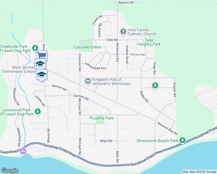 map of restaurants, bars, coffee shops, grocery stores, and more near 5571 Nickerson Road in Sechelt