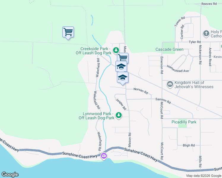 map of restaurants, bars, coffee shops, grocery stores, and more near 5575 Mason Road in Sechelt
