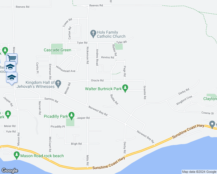 map of restaurants, bars, coffee shops, grocery stores, and more near 6283 Baillie Road in Sechelt