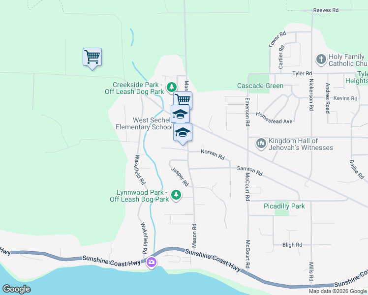 map of restaurants, bars, coffee shops, grocery stores, and more near 6559 Jasper Road in Sechelt