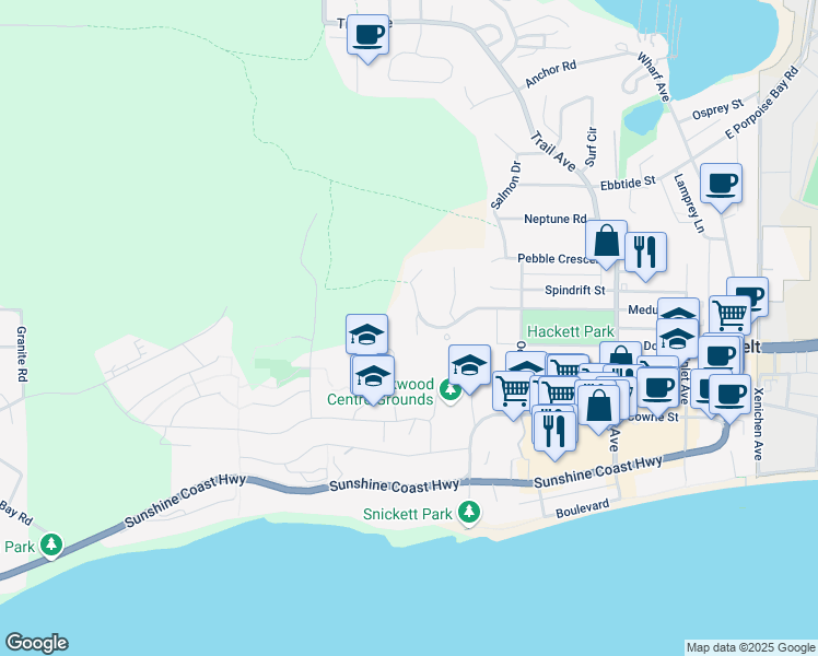 map of restaurants, bars, coffee shops, grocery stores, and more near 5859 Medusa Street in Sechelt