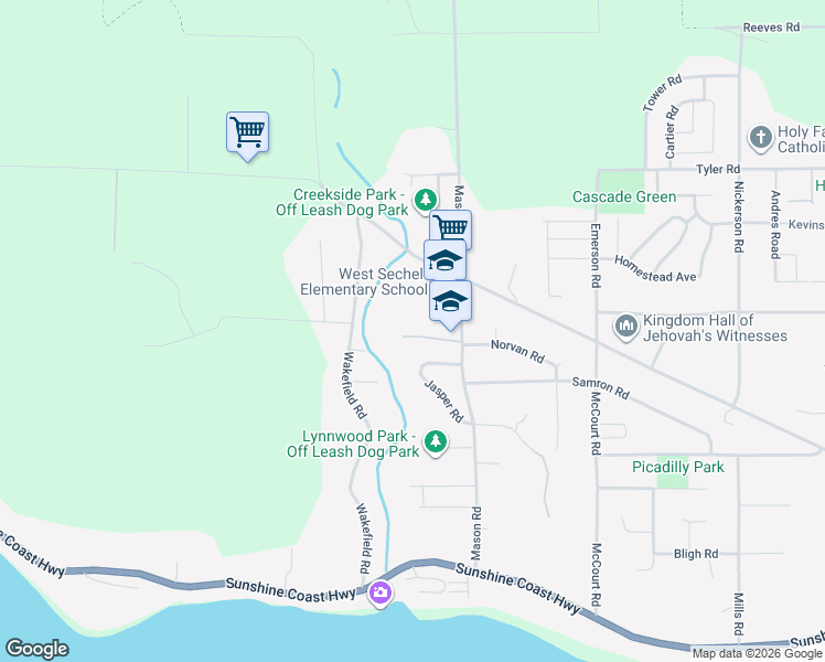 map of restaurants, bars, coffee shops, grocery stores, and more near 5575 Mason Road in Sechelt