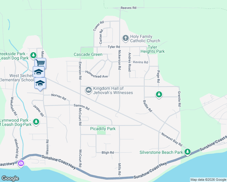 map of restaurants, bars, coffee shops, grocery stores, and more near 5571 Nickerson Road in Sechelt